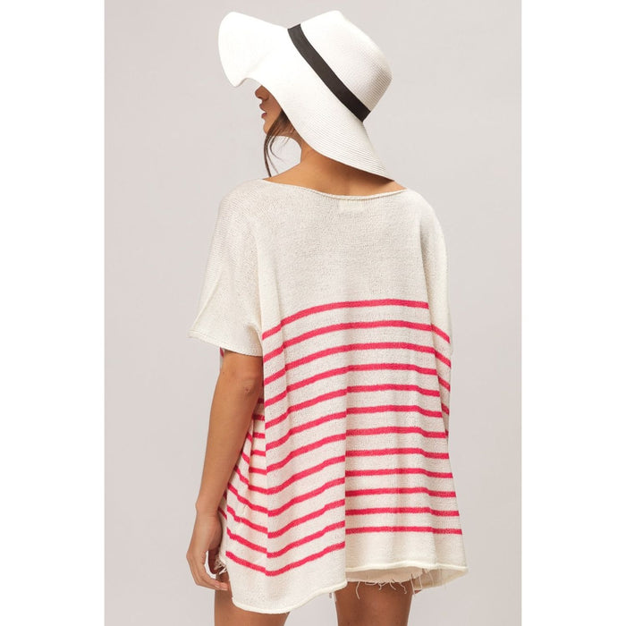 BiBi V Neck Striped Short Sleeve Top