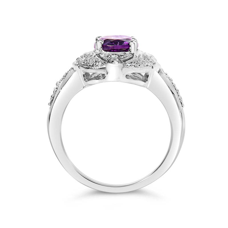 Bids.com .925 Sterling Silver 9x7mm Oval Purple Amethyst and Diamond Accent Art Deco Style Cocktail Ring (I-J Color, I1-I2 Clarity) - Size 6 Rings