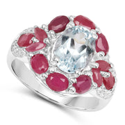 Bids.com 3.54 Carat Genuine Aquamarine, Ruby and White Topaz .925 Sterling Silver Ring Rings