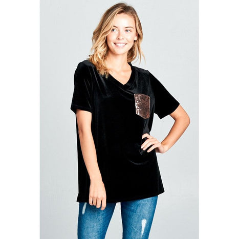 VELVET SEQUINCE POCKET BOXY TOP