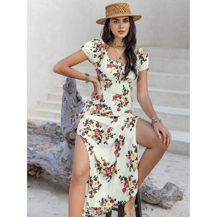 Tied Slit Floral Short Sleeve Dress