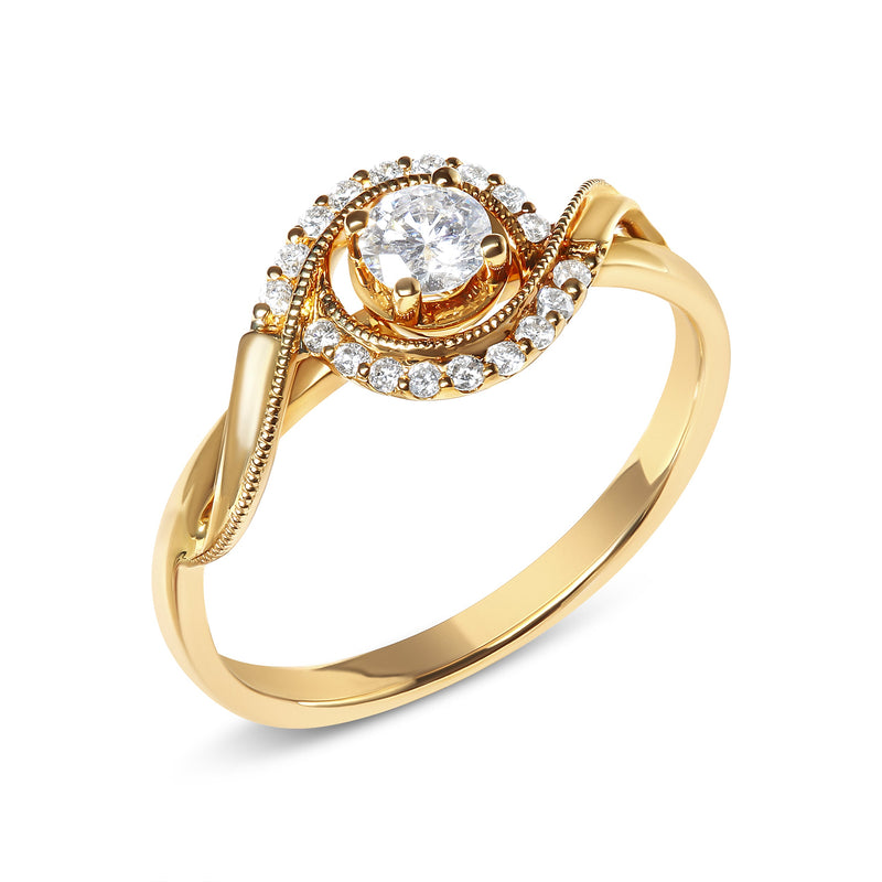 Bids.com 14K Yellow Gold 1/3 Cttw Diamond Solitaire and Halo Swirl Engagement Ring (G-H Color, VS2-SI1 Clarity)- Size 7 Rings
