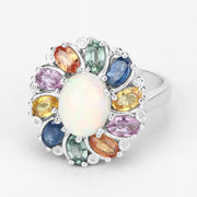 Bids.com 3.92 Carat Genuine Ethiopian Opal, Multi Sapphire and White Diamond .925 Sterling Silver Ring Rings