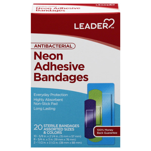 Leader Health Care Leader™ Antibacterial Neon Adhesive Bandages – Assorted Sizes & Colors First Aid