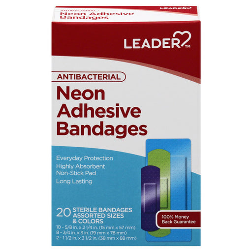 Leader Health Care Leader™ Antibacterial Neon Adhesive Bandages – Assorted Sizes & Colors First Aid
