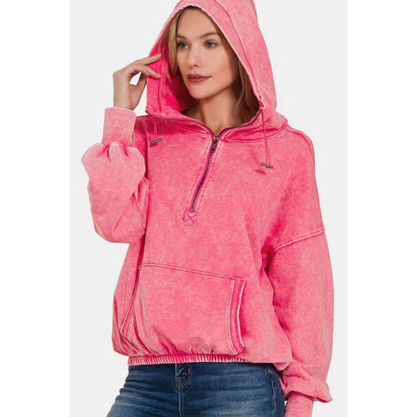 Zenana Drawstring Half Zip Dropped Shoulder Hoodie