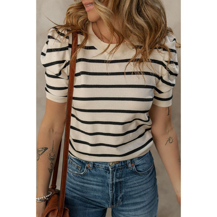 Striped Round Neck Puff Sleeve Knit Top