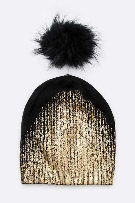 Metallic Cashmere Fur Pom Beanie