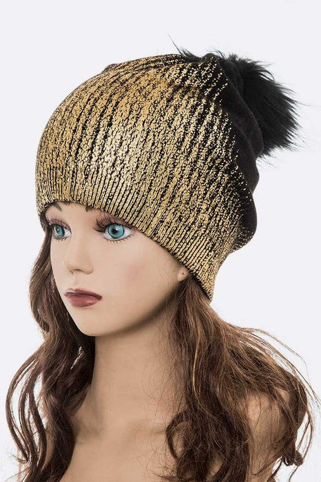 Metallic Cashmere Fur Pom Beanie