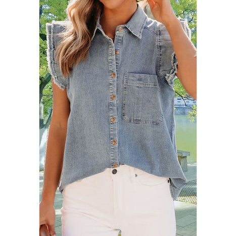 Raw Hem Button Up Cap Sleeve Denim Top