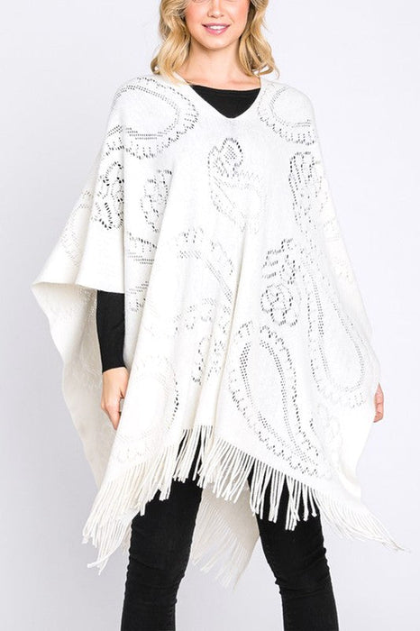 Paisley Pattern Perforated Long Knit Poncho