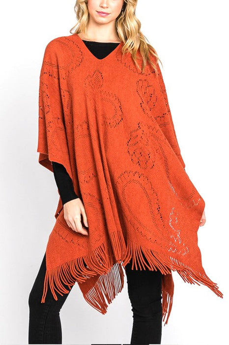 Paisley Pattern Perforated Long Knit Poncho