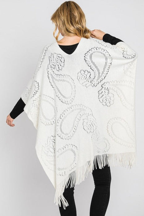 Paisley Pattern Perforated Long Knit Poncho