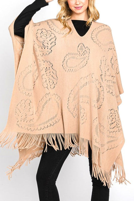 Paisley Pattern Perforated Long Knit Poncho