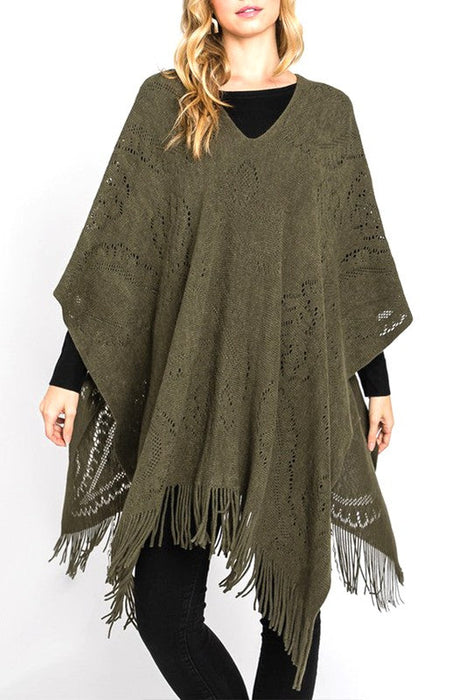 Paisley Pattern Perforated Long Knit Poncho