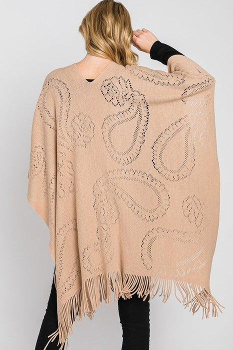 Paisley Pattern Perforated Long Knit Poncho