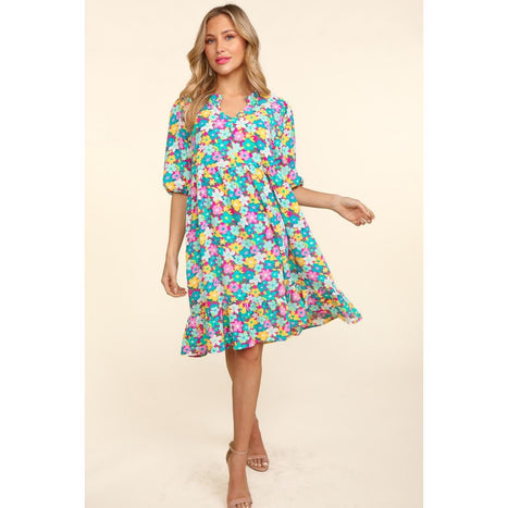 Bubble Sleeve Floral Ruffled Dress