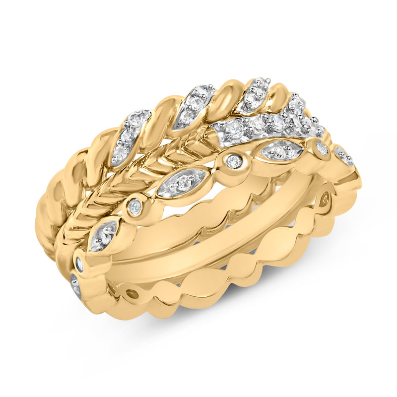 Bids.com 14K Yellow Gold Plated Sterling Silver 1/4 Cttw Diamond Twist Leaf Stackable Ring Set Rings White Smoke 7 / YellowWhite.Sterling Silver