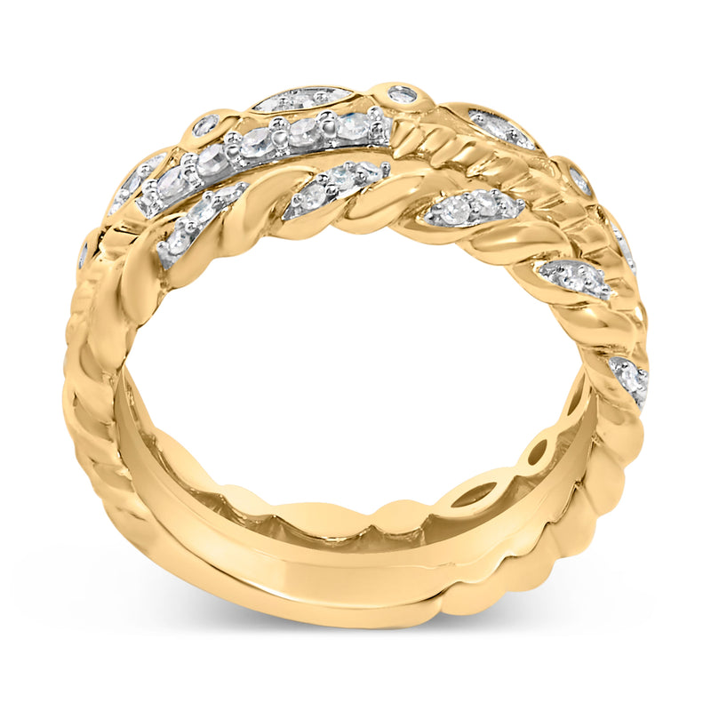 Bids.com 14K Yellow Gold Plated Sterling Silver 1/4 Cttw Diamond Twist Leaf Stackable Ring Set Rings White Smoke 7 / YellowWhite.Sterling Silver