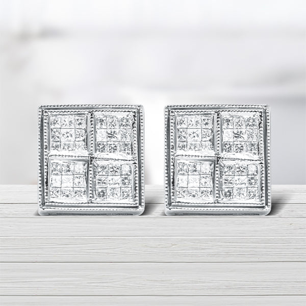 Bids.com 14K White Gold 1/2 Cttw Princess Diamond Composite Box Shape Milgrain Stud Earrings (H-I Color, SI1-SI2 Clarity) Earrings