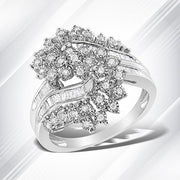 Bids.com 10K White Gold 1/2 Cttw Round and Baguette-Cut "S" Shaped Bypass Cocktail Ring (I-J Color, I1-I2 Clarity) - Size 7 Rings