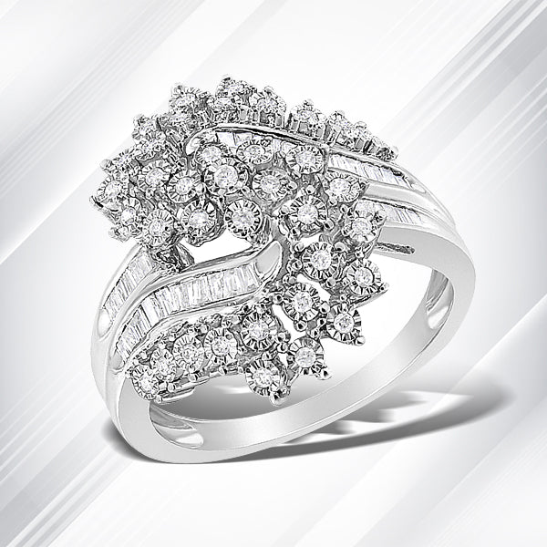 Bids.com 10K White Gold 1/2 Cttw Round and Baguette-Cut "S" Shaped Bypass Cocktail Ring (I-J Color, I1-I2 Clarity) - Size 7 Rings