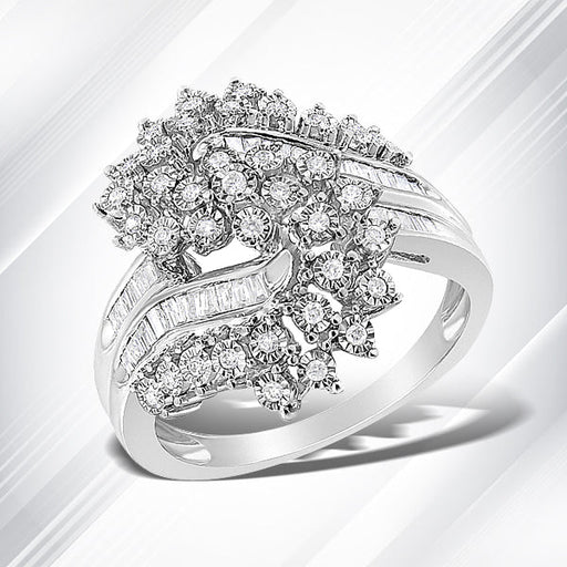 Bids.com 10K White Gold 1/2 Cttw Round and Baguette-Cut "S" Shaped Bypass Cocktail Ring (I-J Color, I1-I2 Clarity) - Size 7 Rings
