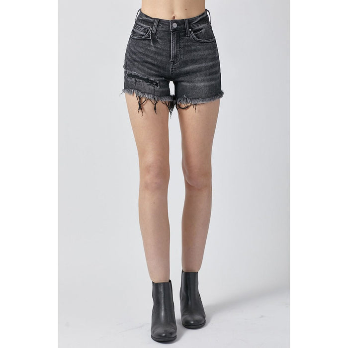 Raw Hem Denim Shorts with Pockets in Black