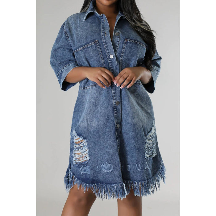 Distressed Raw Hem Button Up Denim Dress