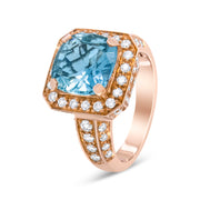 Bids.com 18K Rose Gold 10x10mm Cushion Shaped Aquamarine and 1 1/8 Cttw Round Diamond Halo Ring (F-G Color, VS1-VS2 Clarity) - Ring Size 6.5 Rings