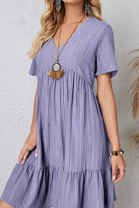 Ruched V-Neck Short Sleeve Dress