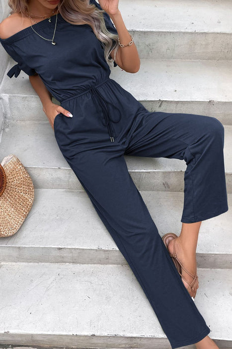 Off-Shoulder Tie Cuff Jumpsuit with Pockets