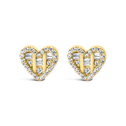 Bids.com 14K Yellow Gold Plated .925 Sterling Silver 1/2 Cttw Round and Baguette Diamond Composite Heart Shaped Stud Earring (I-J Color, SI2-I1 Clarity) Earrings