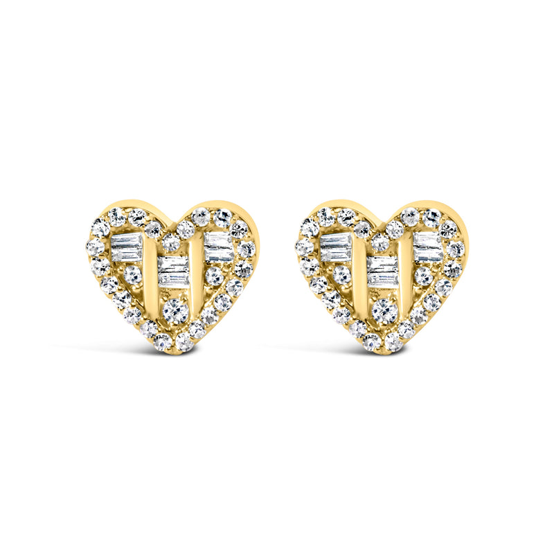 Bids.com 14K Yellow Gold Plated .925 Sterling Silver 1/2 Cttw Round and Baguette Diamond Composite Heart Shaped Stud Earring (I-J Color, SI2-I1 Clarity) Earrings