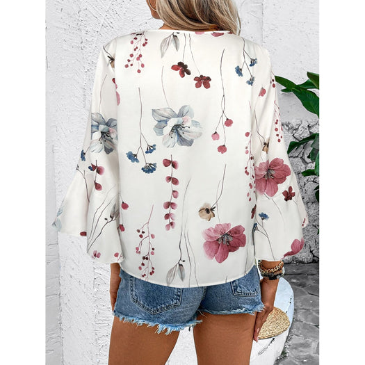 Ruffled Printed V-Neck Half Sleeve Blouse