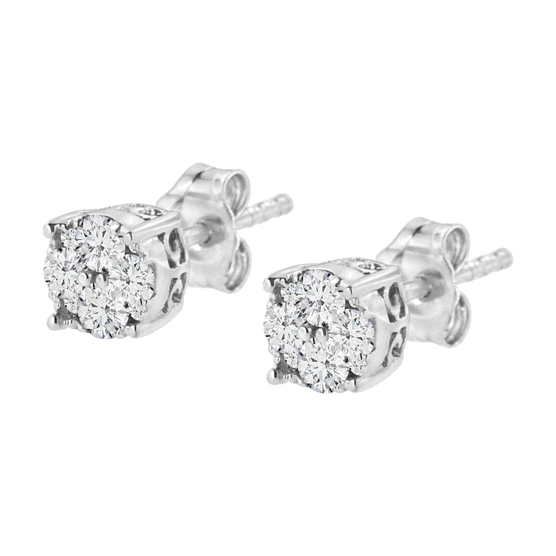 Bids.com .925 Sterling Silver 1/2 cttw Prong Set Round-Cut Diamond Cluster Stud Earring (I-J Color, I2-I3 Clarity) Earrings