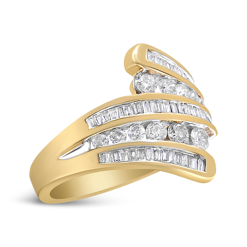 Bids.com 10K Yellow Gold 1 Cttw Round and Baguette-Cut Diamond Multi Row Bypass Ring Band (H-I Color, I1-I2 Clarity) - Ring Size 7 Rings