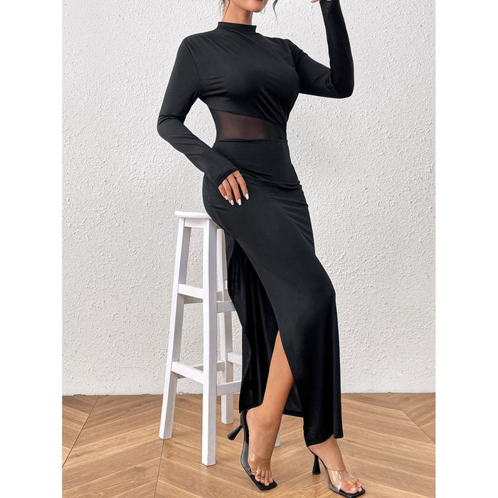 Slit Mock Neck Long Sleeve Maxi Dress