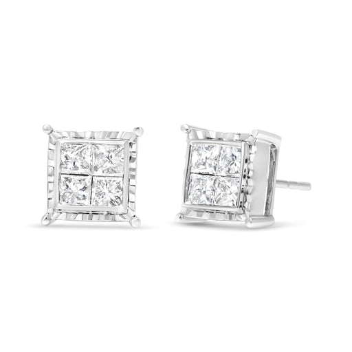 Bids.com 14K White Gold 1 1/2 Cttw Invisible Set Princess-Cut Diamond Contemporary Wavy Quad Stud Earrings (I-J Color, I1-I2 Clarity) Earrings