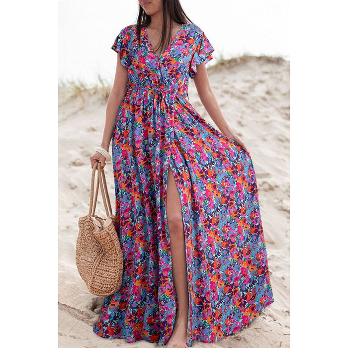 Slit Printed Cap Sleeve Maxi Dress