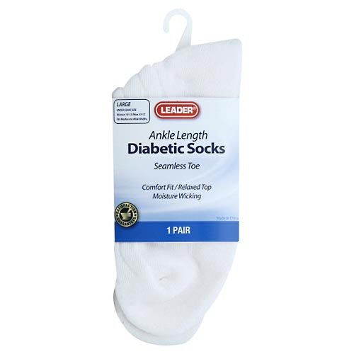 Leader Leader™ Diabetic Ankle Socks – White, Size Large (1 Pair) Socks