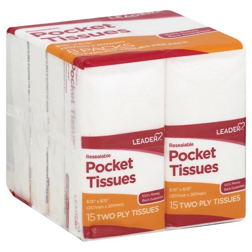Leader Leader Pocket Tissues, Resealable, Two Ply Facial Tissues