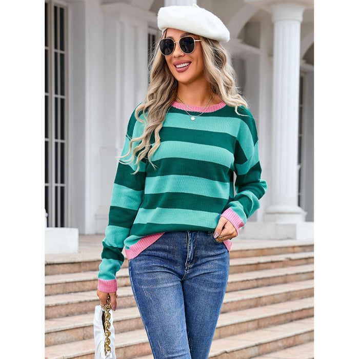 Striped Round Neck Dropped Shoulder Sweater