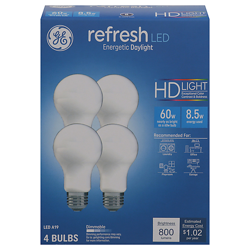 GE GE LED Refresh HD Light Bulb, Daylight, A19 Medium Base, 8.5 Watt, 4-Pk Light Bulbs