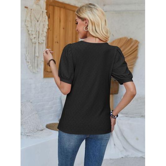 Eyelet Asymmetrical Neck Short Sleeve T-Shirt