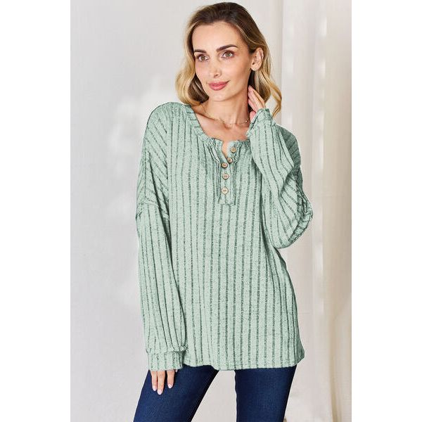 Basic Bae Ribbed Half Button Long Sleeve T-Shirt