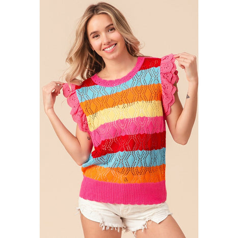 BiBi Pointelle Striped Ruffled Knit Top