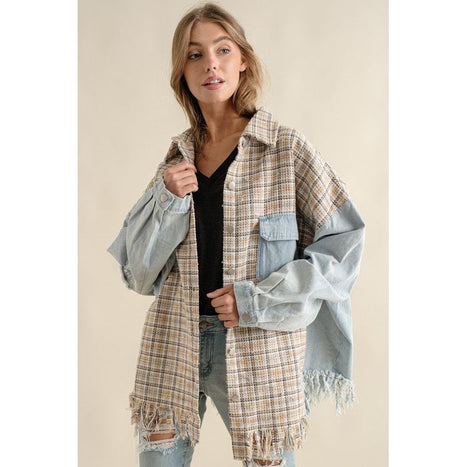 TWEED MIXED DENIM JACKET SHACKET WITH FRINGED HEM