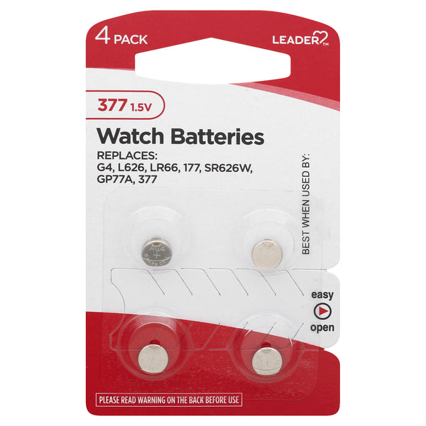 Leader Health Care Leader 377 Watch Battery, SR626SW Silver Oxide 1.55V, Long-Lasting Button Cell, 4 Count Batteries