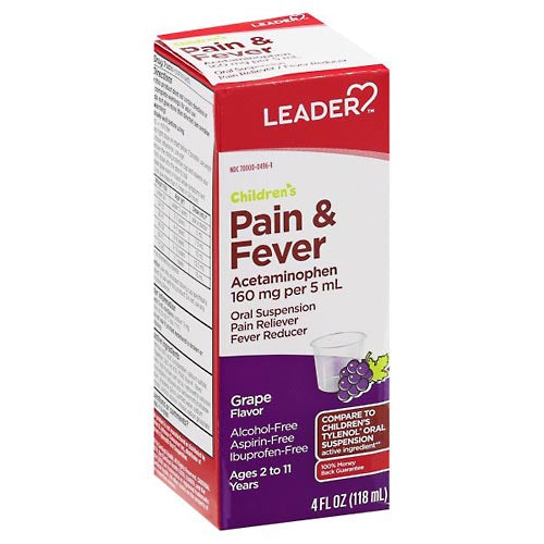 0 Leader, Pain & Fever, Children's, 160 Mg, Grape Flavor, 4 Fl Oz Medicine & Drugs Light Gray